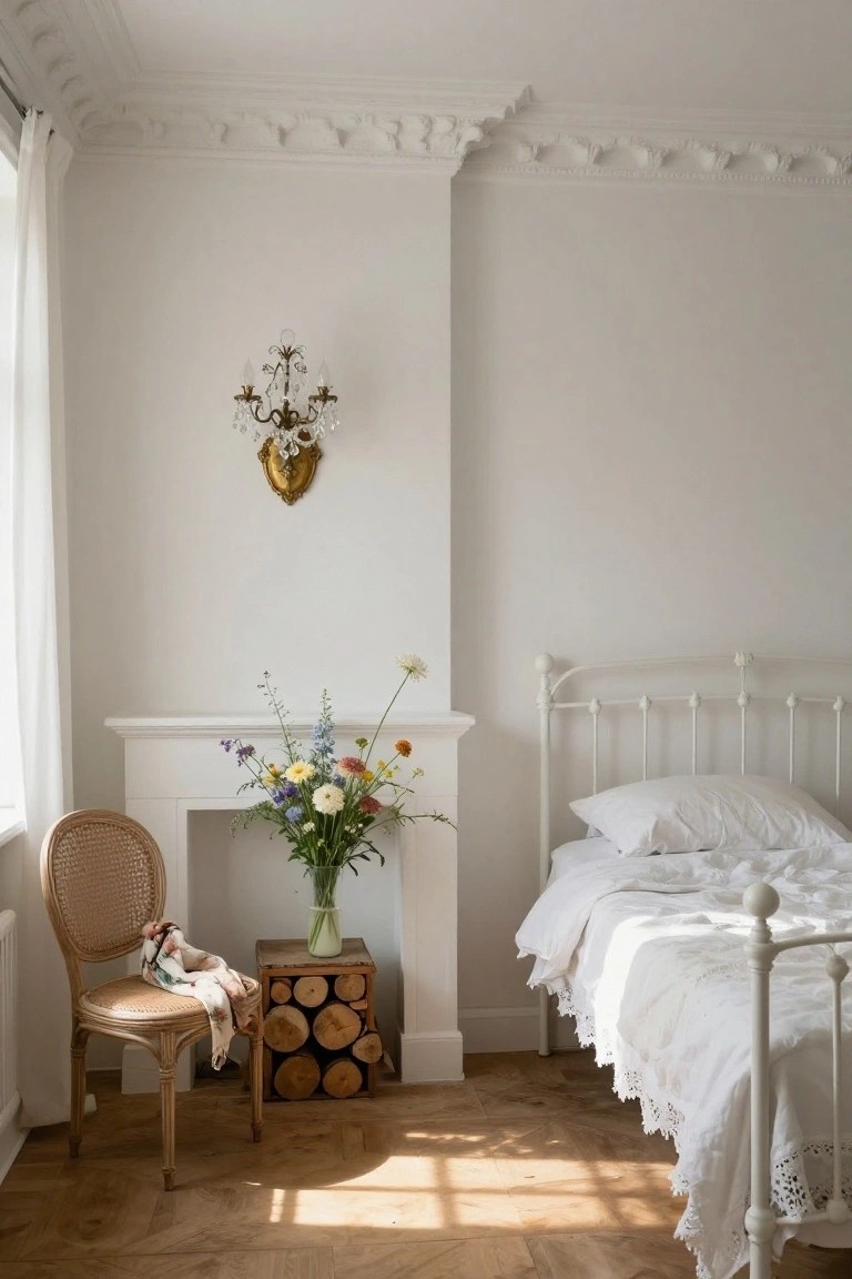 A white iron bed with white pillows and lace-trimmed linens sits in a bright white bedroom next to a fireplace holding a vase of wildflowers, with a wicker chair holding a doll and stacked firewood on wooden blocks nearby.