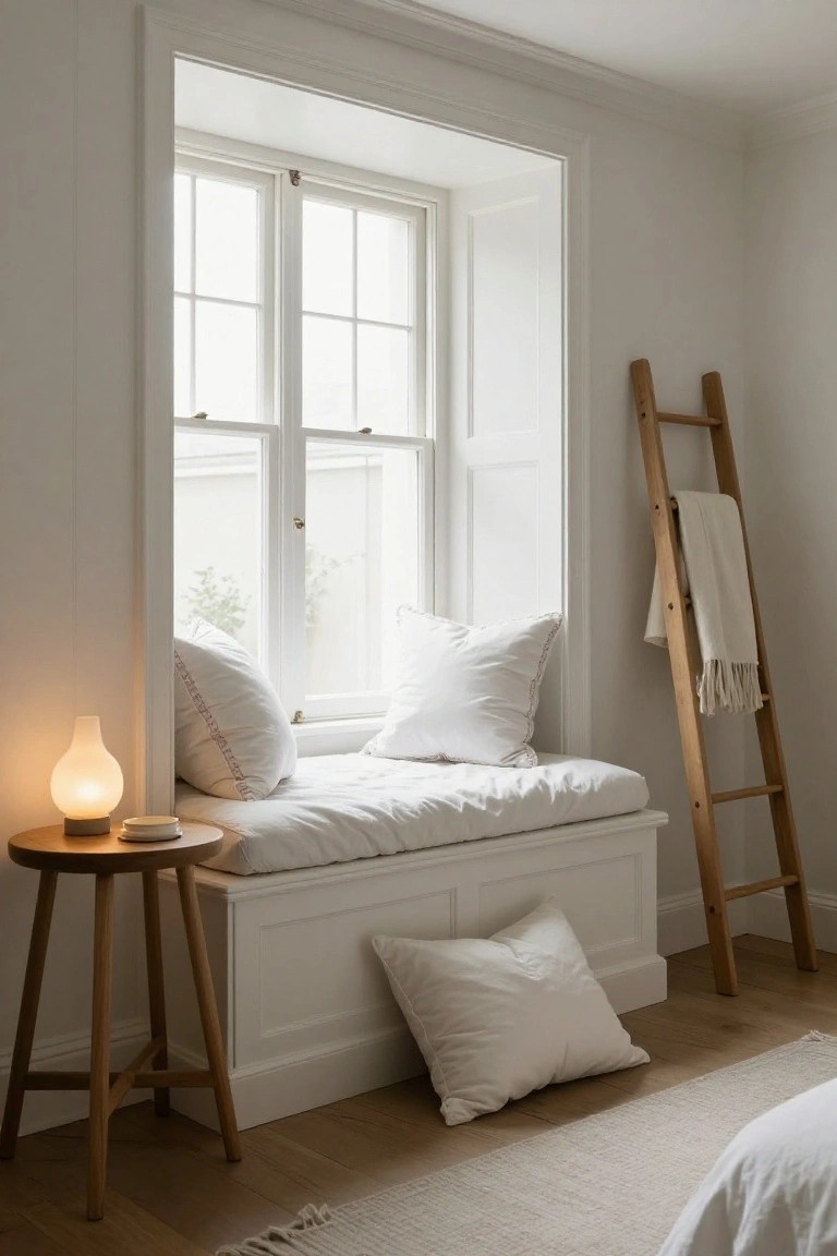 White bedroom corner with built-in cushioned window seat, scattered white pillows, wooden ladder holding folded white blanket, small wooden side table with glass lamp, and light entering through multi-pane windows.