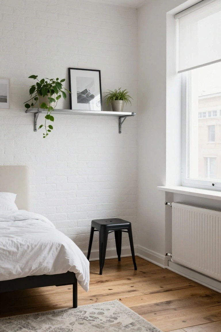 Corner view of a minimalist white bedroom with a pale exposed brick wall behind a white bed, potted plants on a metal shelf, a black metal stool, hardwood floors, a beige rug, and a window with white roller blind.
