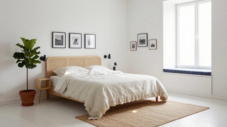 A white bedroom featuring a rattan headboard bed with white linen bedding, a seagrass rug, fiddle leaf fig plant in a terracotta pot, blue cushion on a window bench, black and white framed photos above the bed, and wall-mounted black lamps.