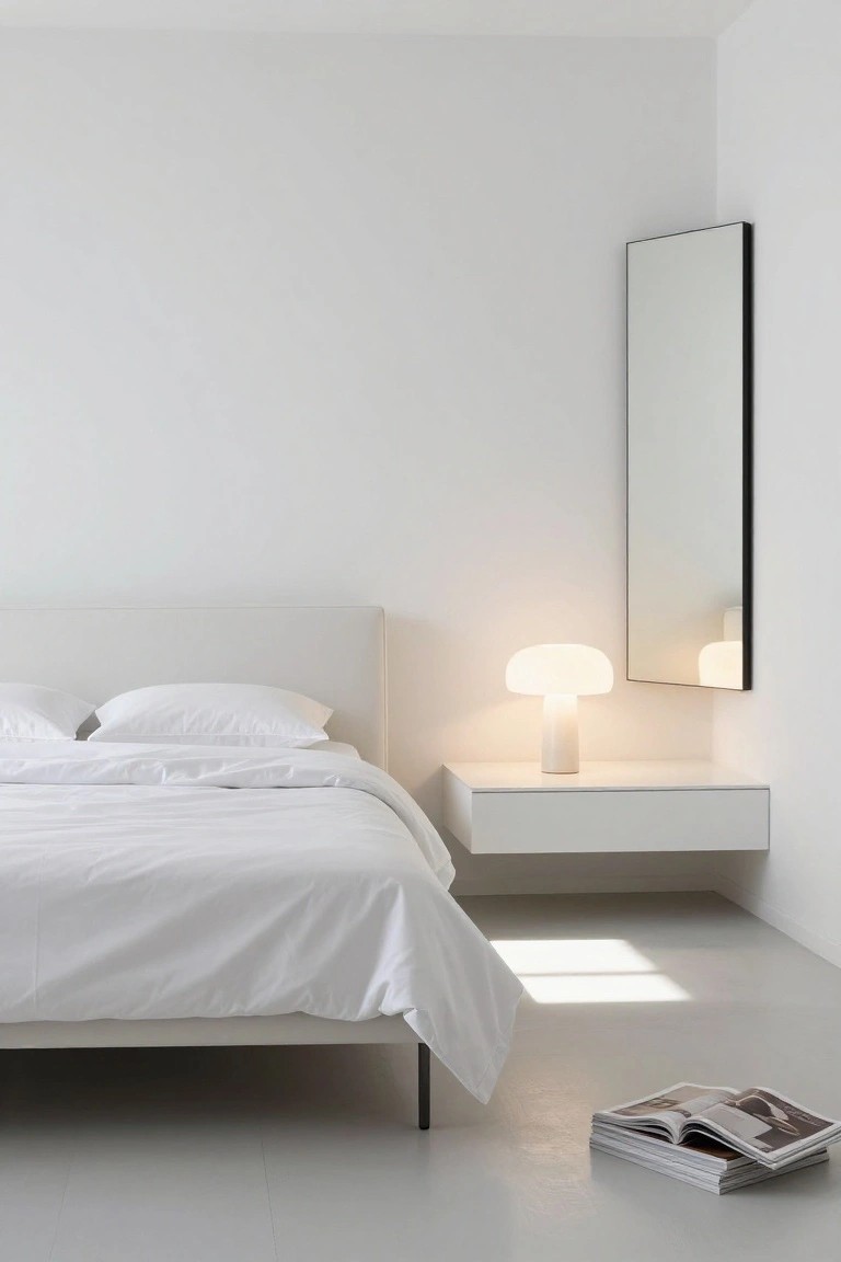 A minimalist white bedroom with a low white bed, floating white nightstand topped by a white mushroom lamp, tall black-framed wall mirror, and stacked magazines on the gray concrete floor.