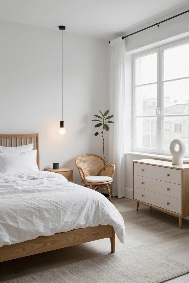 A minimalist white bedroom with oak wood bed frame and white linens, oak nightstand, white dresser with wood frame, rattan chair, potted plant, white curtains on large window, and pendant light.