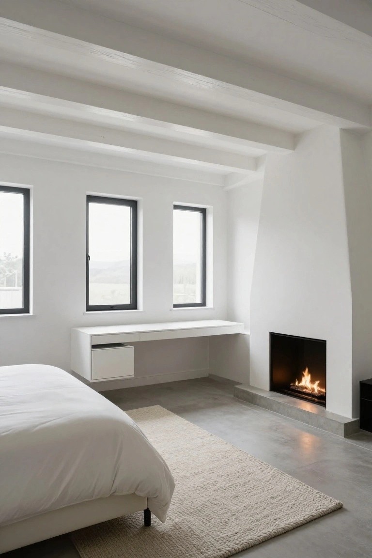 Minimalist white bedroom with a lit linear gas fireplace built into the wall, floating white desk with drawer unit, low white bed on metal legs, polished concrete floor, exposed wooden ceiling beams, and large black-framed windows overlooking landscape.