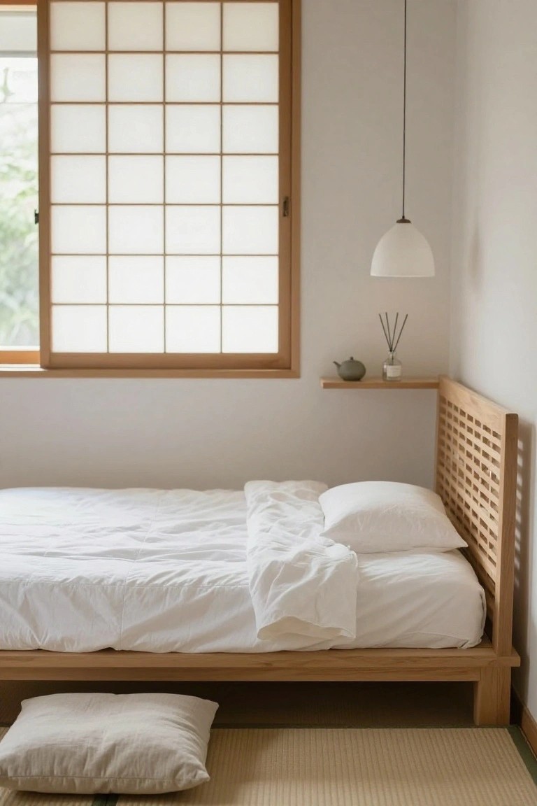 A minimalist white bedroom with a low wooden platform bed covered in white sheets and pillows, shoji screen window, tatami floor mat, wooden shelf holding a teapot and incense sticks, and a hanging white lamp.