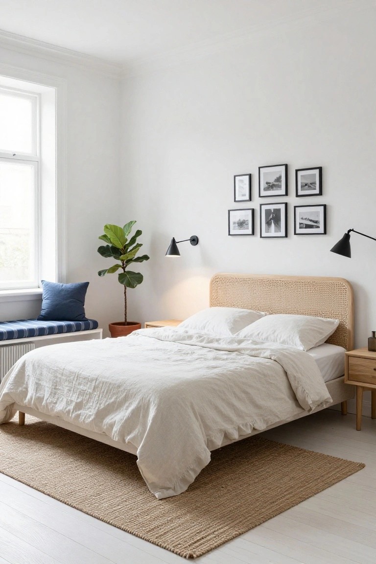 A white bedroom featuring a rattan headboard bed with white linen bedding, a seagrass rug, fiddle leaf fig plant in a terracotta pot, blue cushion on a window bench, black and white framed photos above the bed, and wall-mounted black lamps.