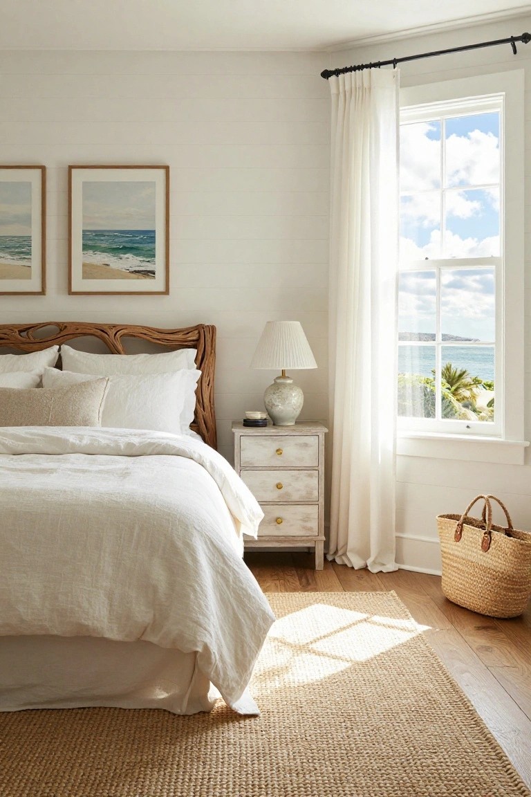 A bedroom corner with a twisted natural wood headboard on a white linen bed, white bedside table with lamp, two ocean artwork frames on wall, large window showing sea view and palms, seagrass rug on wood floor.