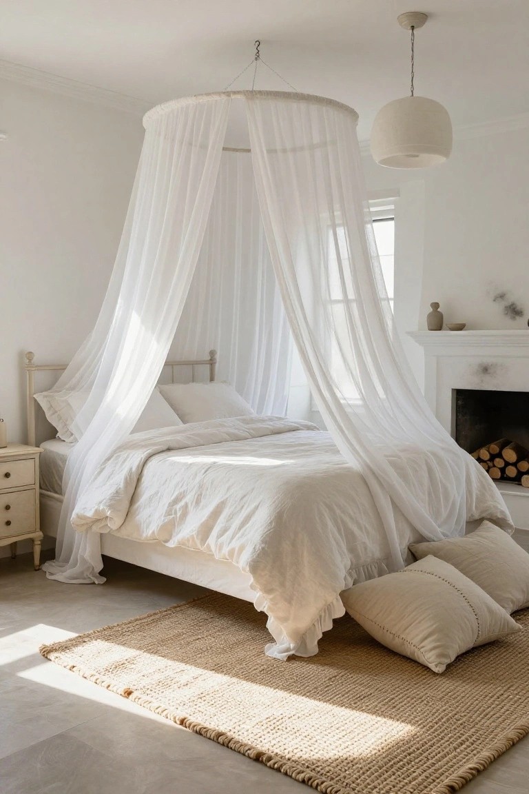 A white bedroom with a metal bed under a circular sheer white canopy, white linen bedding, matching nightstands, seagrass rug on light floor, white fireplace with firewood, pendant lamp, and window light.