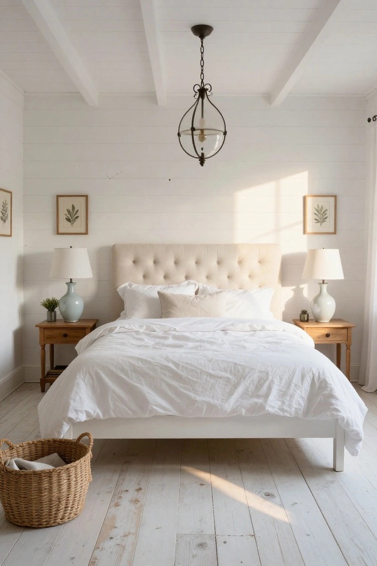 A sunlit white bedroom with shiplap walls and ceiling, tufted beige upholstered headboard, white linen bedding on a low white bed frame, matching wooden nightstands topped with blue ceramic vases and greenery, botanical prints on walls, sheer curtains, pendant light, seagrass basket on whitewashed wood floors.