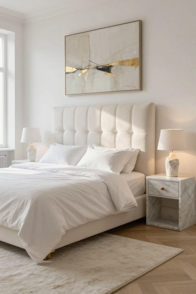 White tufted upholstered bed with white bedding in a bright bedroom, marble nightstands with white lamps on each side, large abstract painting on the wall, and herringbone wood floor.
