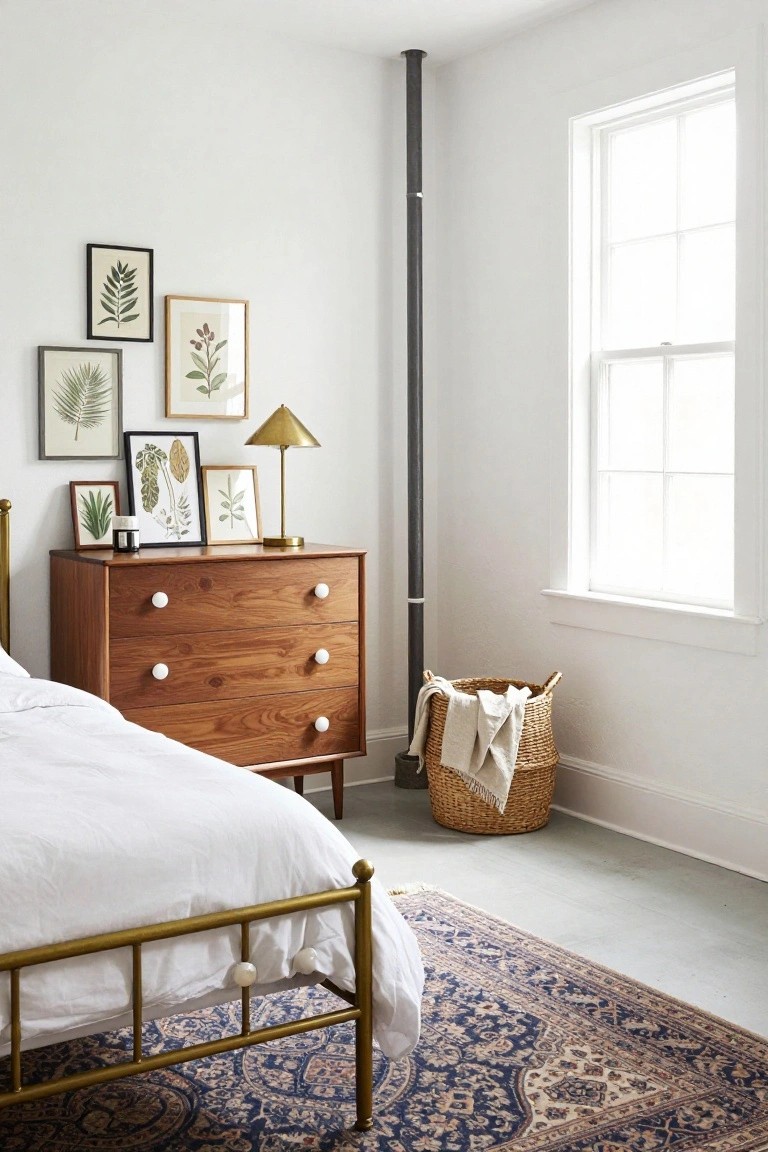 Corner of a white bedroom with a brass bed, wooden mid-century dresser topped with botanical art prints and a brass lamp, wicker laundry basket nearby, tall pipe against white wall, and window letting in light.
