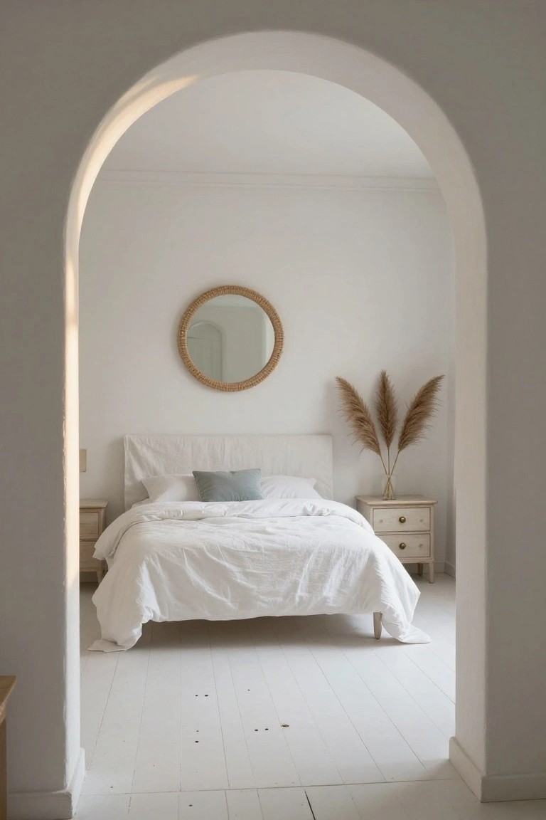 White bedroom interior viewed through an arched white doorway, with a white upholstered bed dressed in white linens and a teal pillow, rattan mirror on wall, pampas grass in vase on bedside table, matching white nightstands, and whitewashed wood floors.
