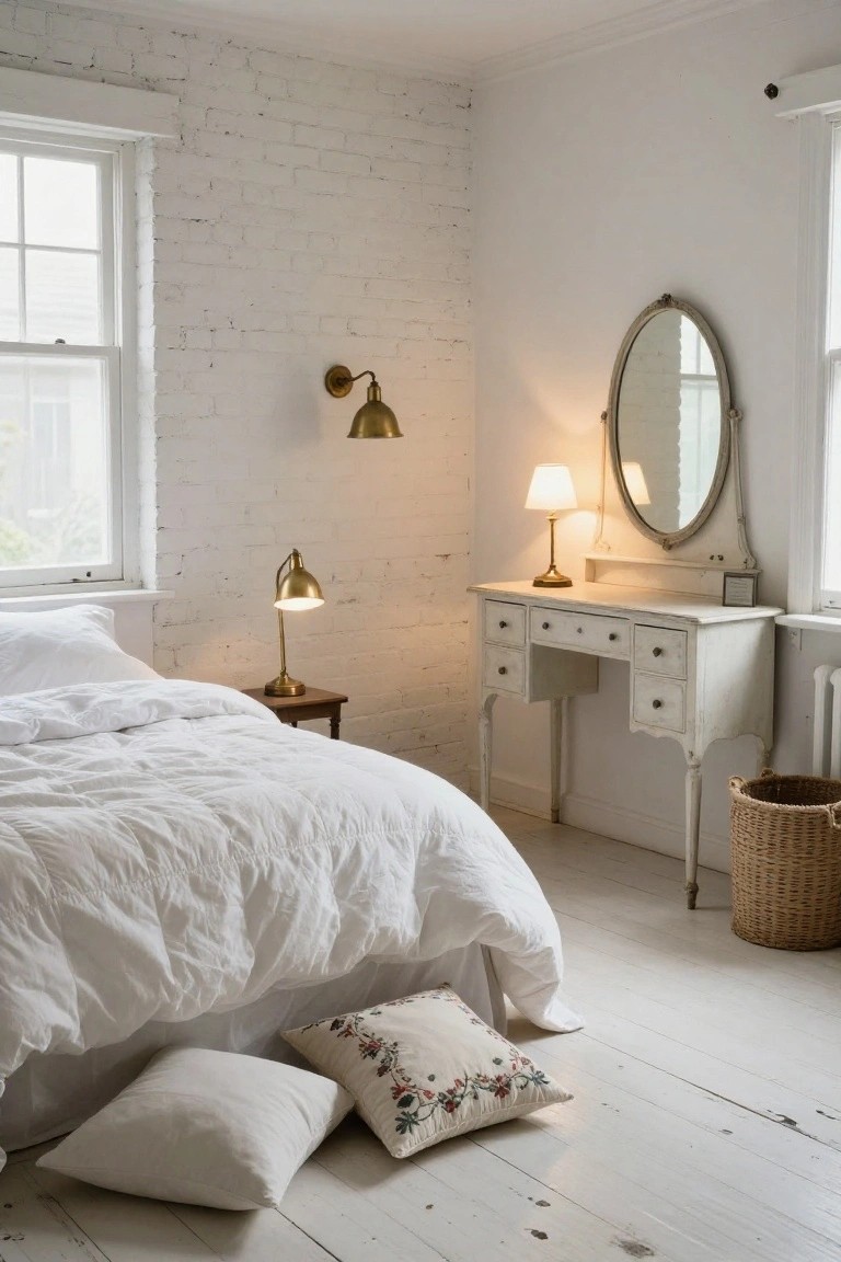A bedroom with exposed white brick walls, a white bed with rumpled sheets and pillows on the floor, a white antique vanity with oval mirror and brass lamps, and hardwood floors.