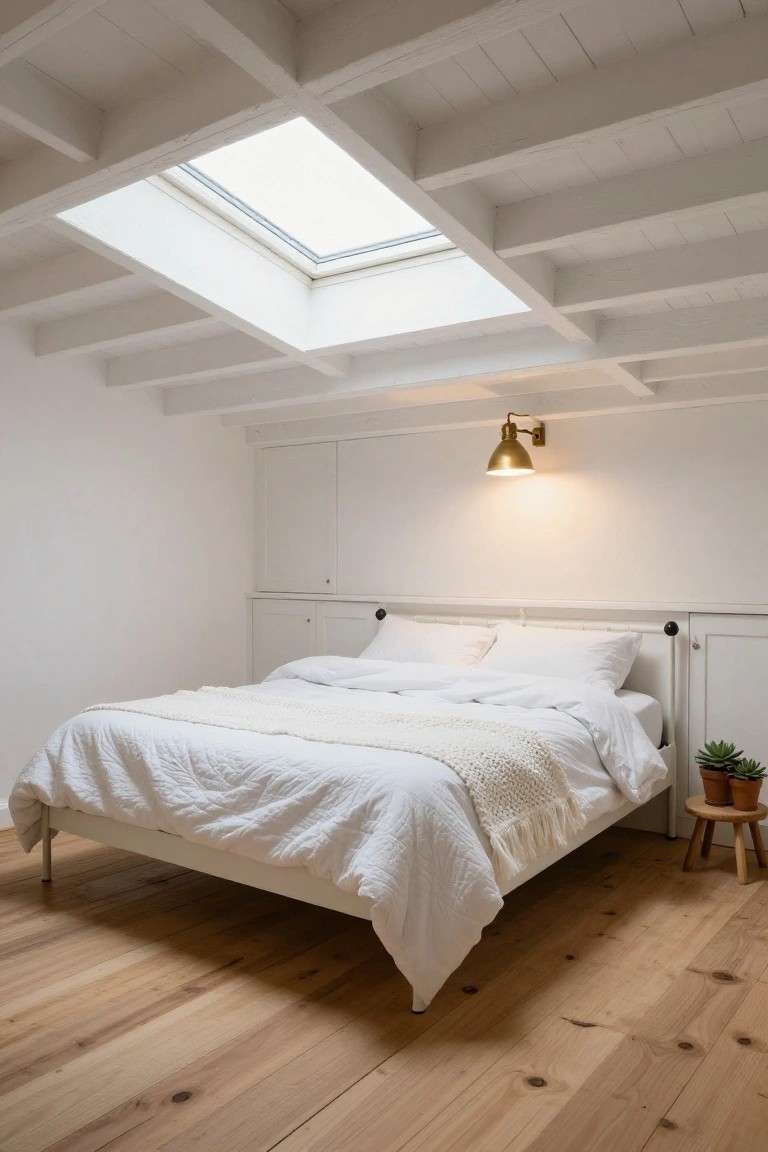 White bedroom with exposed white wooden beams on the ceiling, a rectangular skylight, white bed with white linens and knit throw, built-in white cabinets behind the bed, gold wall sconce, potted plants on wood stool, and light wood plank floors.