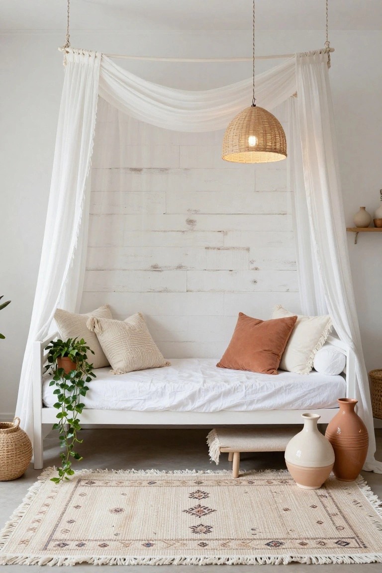 A low white bed with sheer white canopy drapes hanging from ceiling ropes against a white shiplap wall, styled with cream and rust pillows, ivy plant, woven baskets, vases, and a fringed beige rug.
