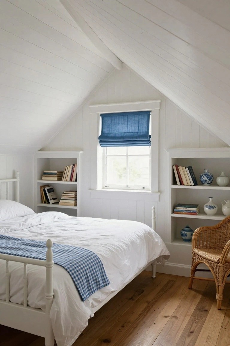 Cozy attic bedroom with white shiplap paneled walls and sloped ceiling, white metal bed with blue gingham throw and white bedding, built-in white bookshelves flanking dormer window with blue roman shade, blue and white ceramic vases, rattan armchair, and light hardwood floors.