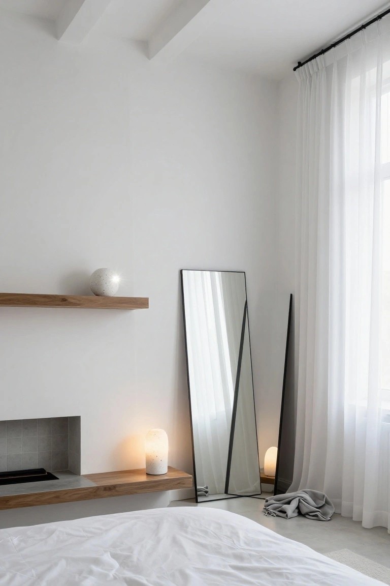 A minimalist white bedroom with floating oak shelves above a tiled fireplace, a tall black-framed floor mirror, two white ceramic lamps, sheer curtains at a window, and a rumpled white bed on a concrete floor.