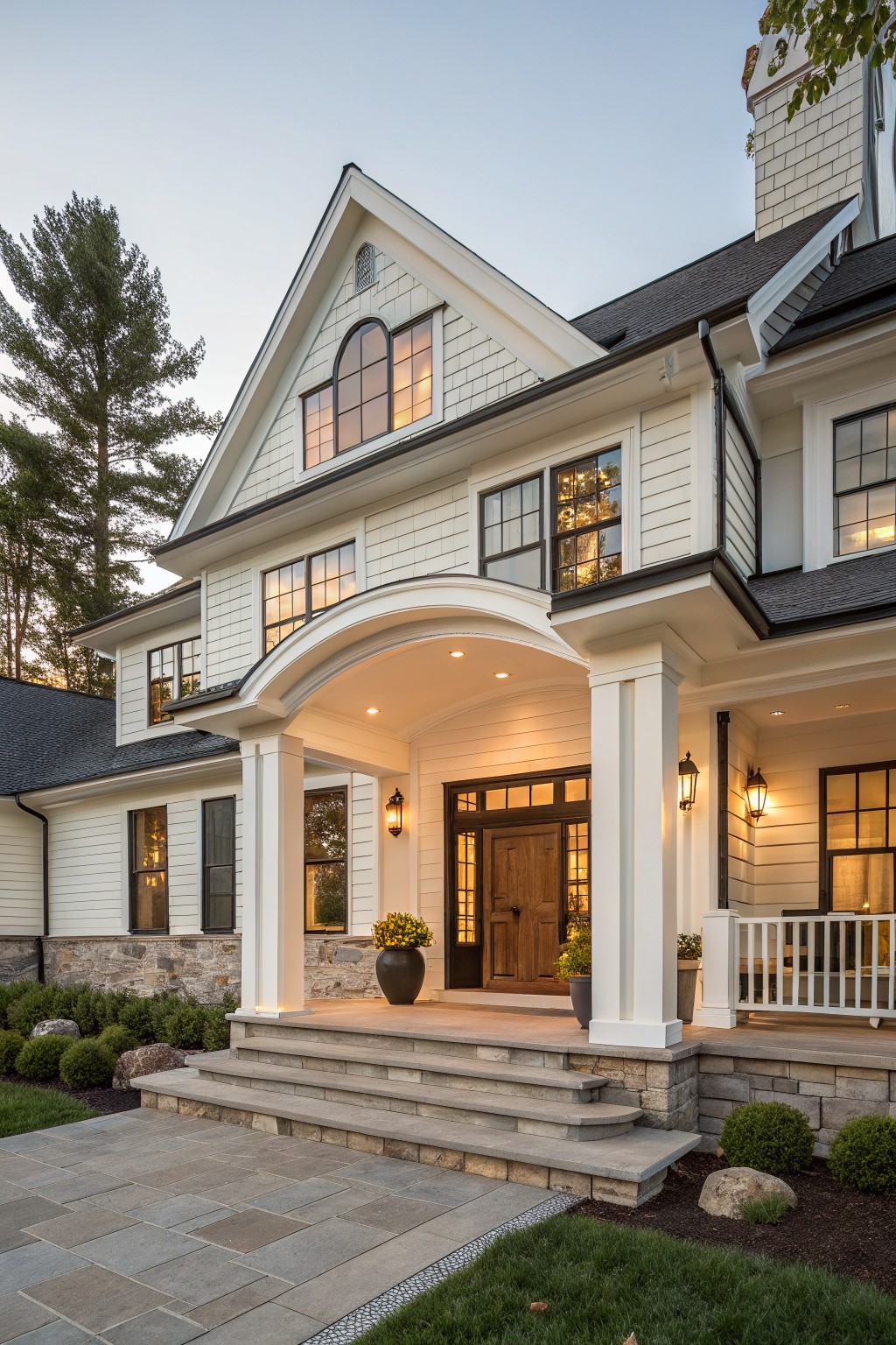 White board and batten sided two-story house exterior featuring an arched portico entry with white columns, dark wood double doors, lanterns, stone foundation, steps, and front landscaping.