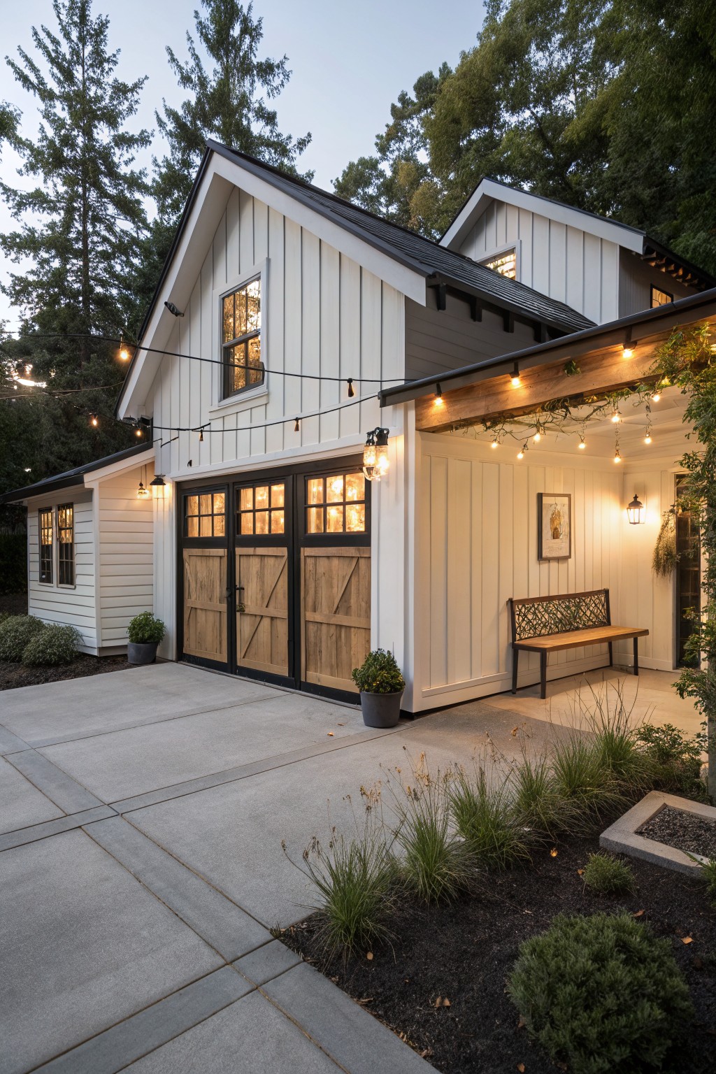 White board and batten garage structure with three tall black wooden garage doors featuring glass panels, covered porch with string lights and lanterns, bench, potted plants, concrete driveway, ornamental grasses, and tall evergreen trees at dusk.