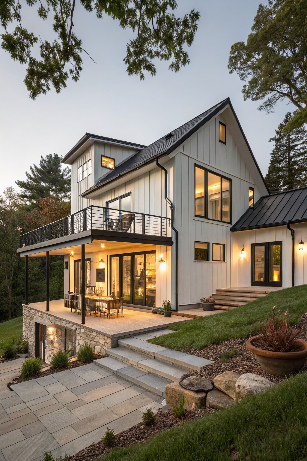 Two-story white board and batten house with black metal gable roof, black-framed windows, cantilevered upper deck with railing, glass doors opening to deck, lower stone retaining wall and patio steps on grassy slope surrounded by trees at dusk.