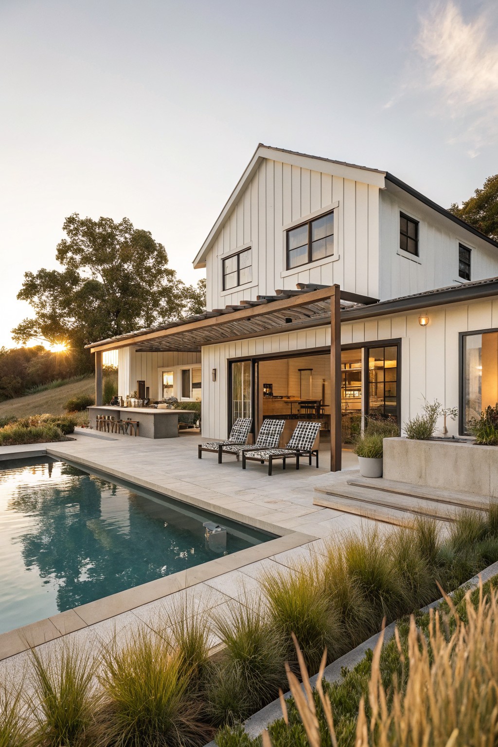 White board-and-batten sided modern farmhouse with gabled roof, attached pergola-covered patio including concrete bar with stools and checkered lounge chairs, adjacent rectangular pool with paver decking and ornamental grasses, oak tree and hillside in background at sunset.