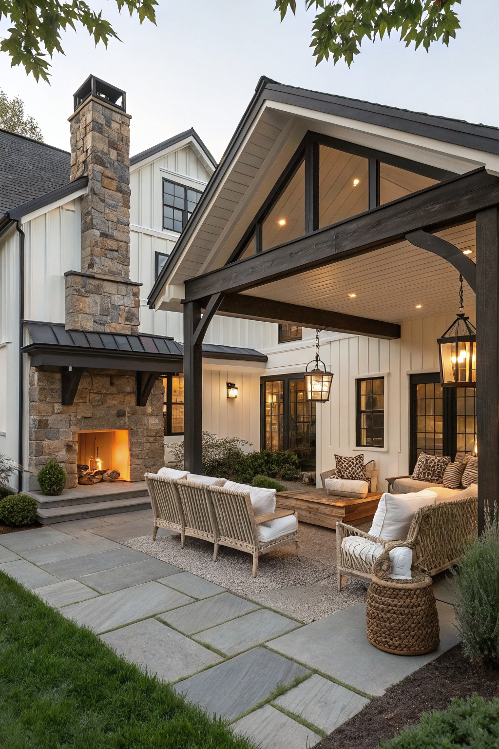White board and batten house wall with covered porch featuring stone outdoor fireplace, beige wicker seating on gray slate patio pavers, pendant lights, and surrounding shrubs and lawn.