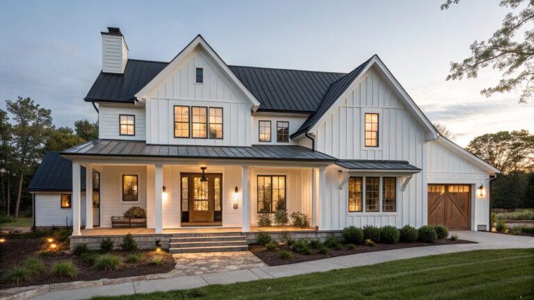 White two-story modern farmhouse exterior featuring board and batten siding, black standing seam metal roof, wraparound porch with lanterns and chairs, wood garage door, stone steps, and low landscaping along a concrete driveway at dusk.