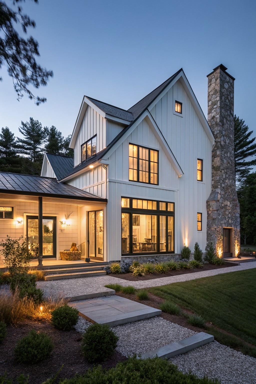 White board and batten sided modern farmhouse exterior at dusk with tall fieldstone chimney, covered porch, large black-framed windows, metal roof, stone entry path, and low plantings.