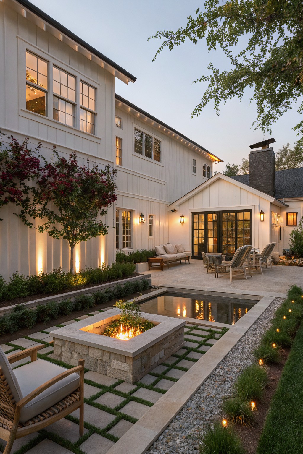 Rear exterior of a white board and batten house at dusk with a patio featuring a built-in stone fire pit, grass-filled pavers, adjacent reflecting pool, lounge chairs, and surrounding landscaping with uplights.