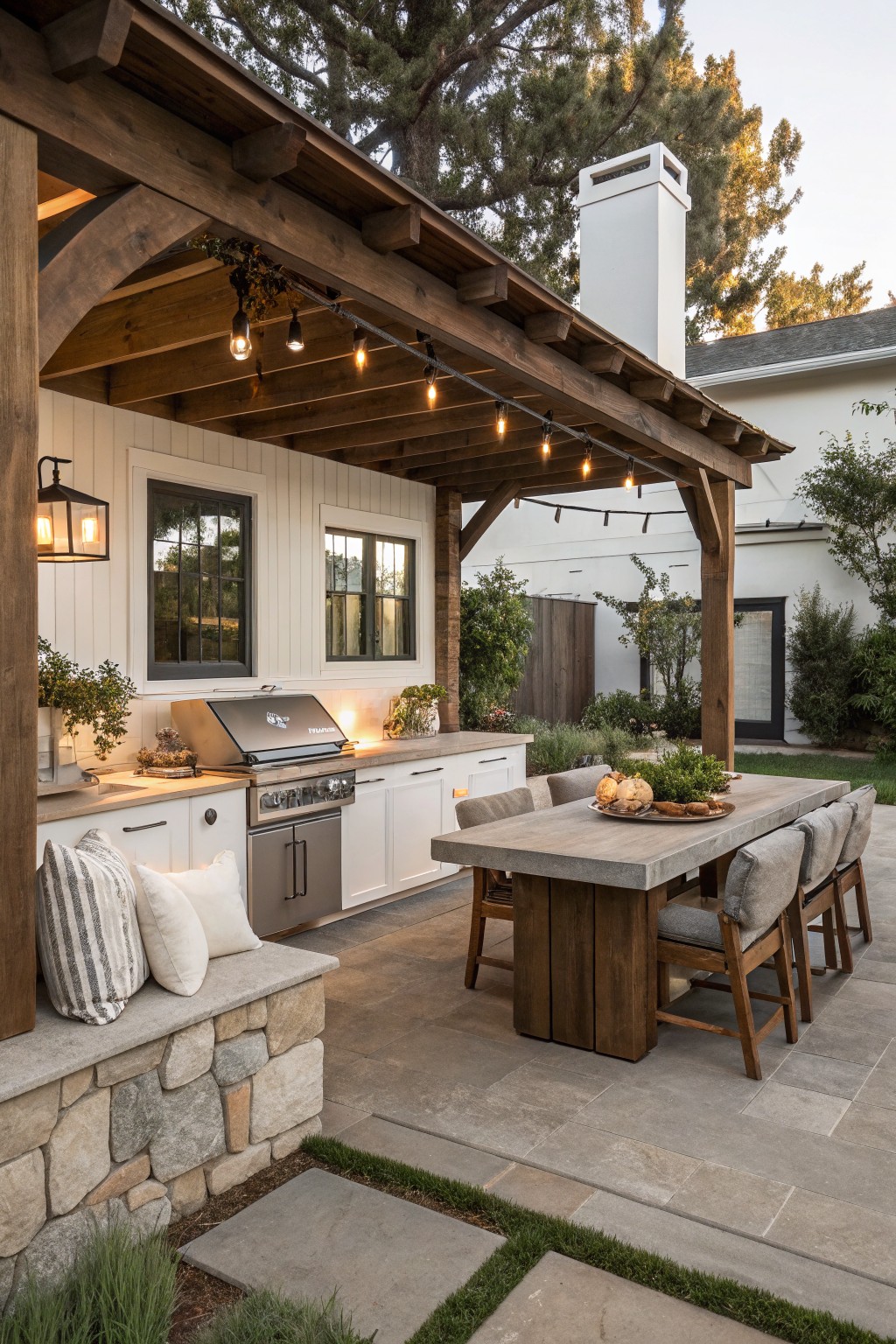 Covered outdoor patio with white board and batten walls enclosing a built-in grill and white cabinetry, wooden pergola with string lights overhead, concrete dining table and chairs, stone bench with cushions, and surrounding pavers, plants, and lawn.