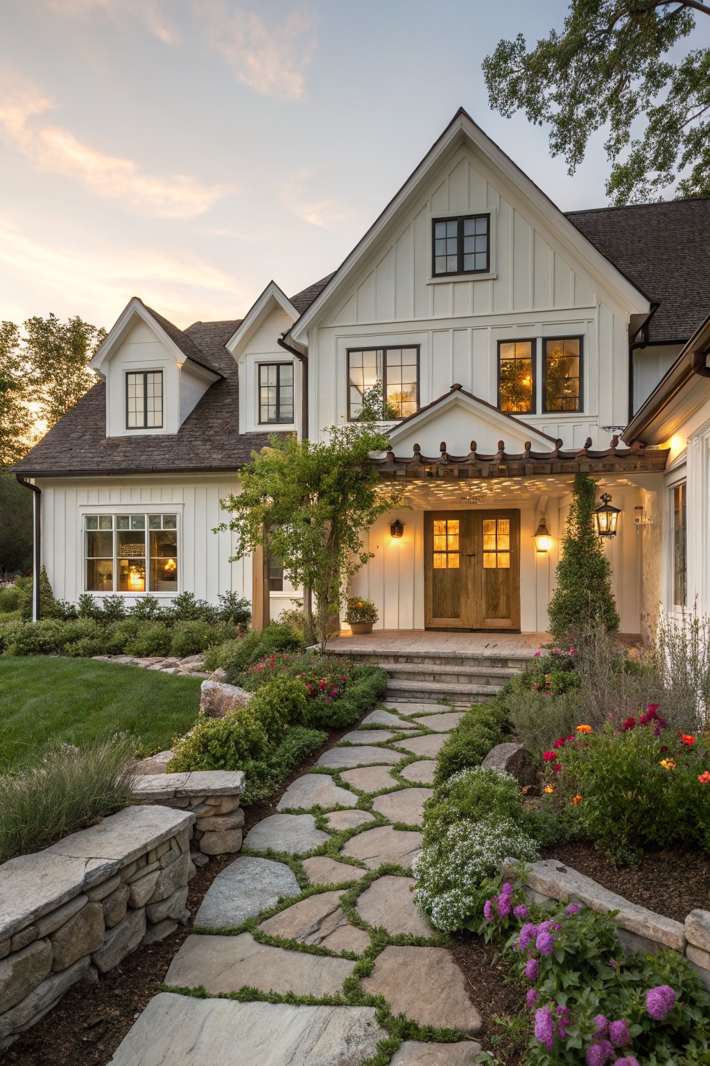 White board and batten sided modern farmhouse exterior with gabled rooflines, covered entry porch under wooden pergola, double wood doors, hanging lanterns, stone steps and pathway, and surrounding flower beds and shrubs at dusk.