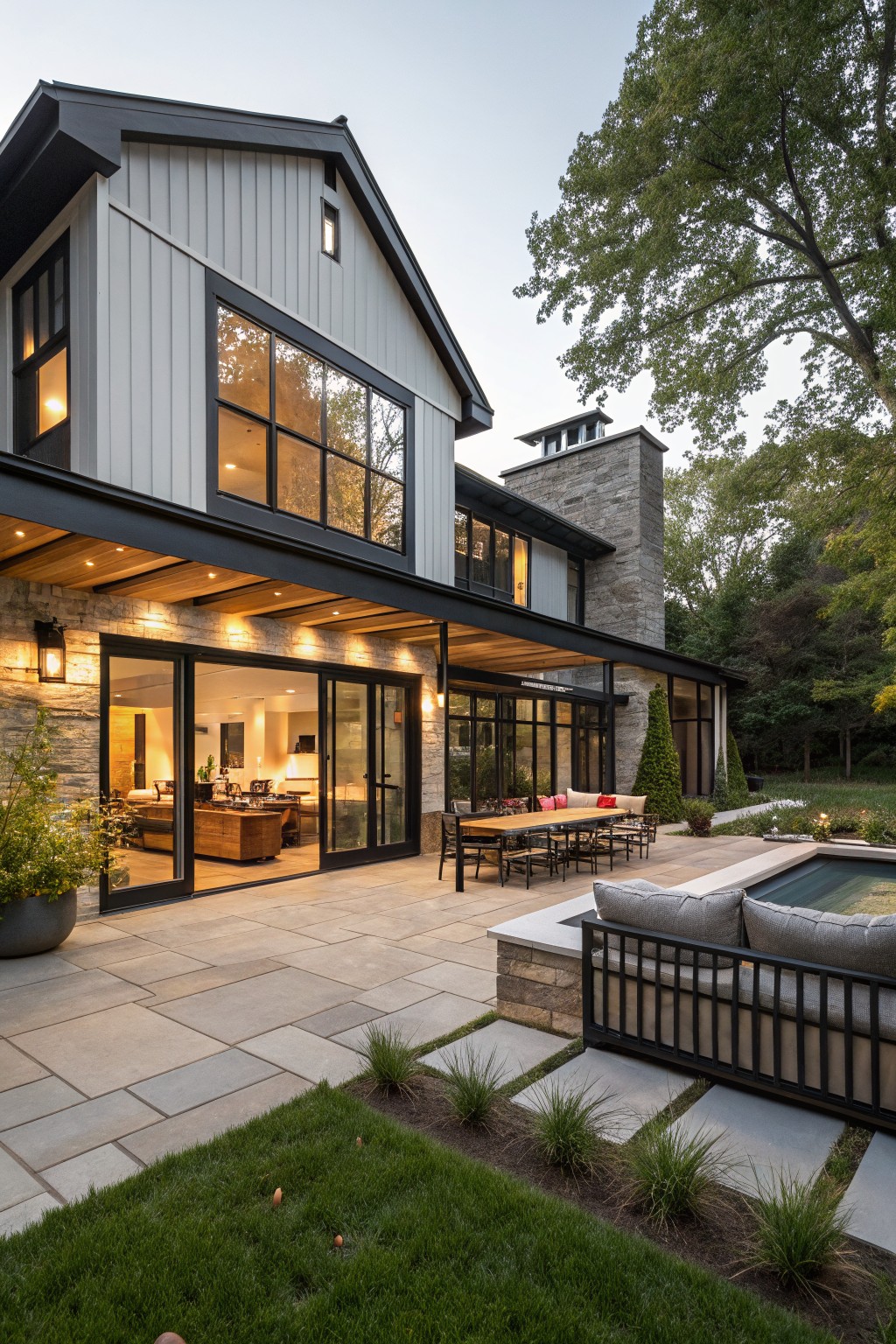 Rear exterior of a two-story white board and batten house with black metal window frames, covered wooden-beamed patio, outdoor dining table, lounge seating, infinity-edge pool, and landscaped yard at dusk.