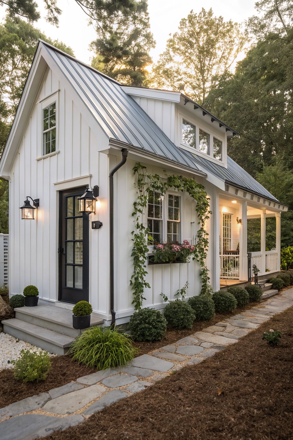 A small white board and batten gabled house with gray standing seam metal roof, black front door and windows, covered porch with lanterns and flower boxes, ivy vines on walls, potted plants, stone pathway, and low shrubs in a wooded yard at dusk.