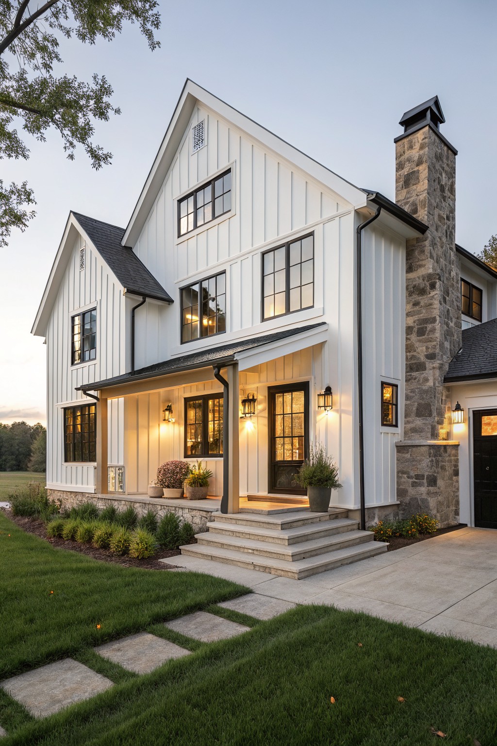 White board and batten sided modern farmhouse exterior featuring a tall stone chimney, covered porch with black door, black-framed windows, stone steps, and surrounding lawn and shrubs.
