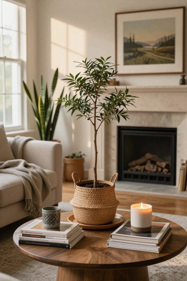 Wooden pedestal coffee table in a light living room holding stacks of white books, a gray textured mug on a saucer, and white candles, with a potted plant in a seagrass basket nearby, beige sofa, snake plant, fireplace, and wall art.