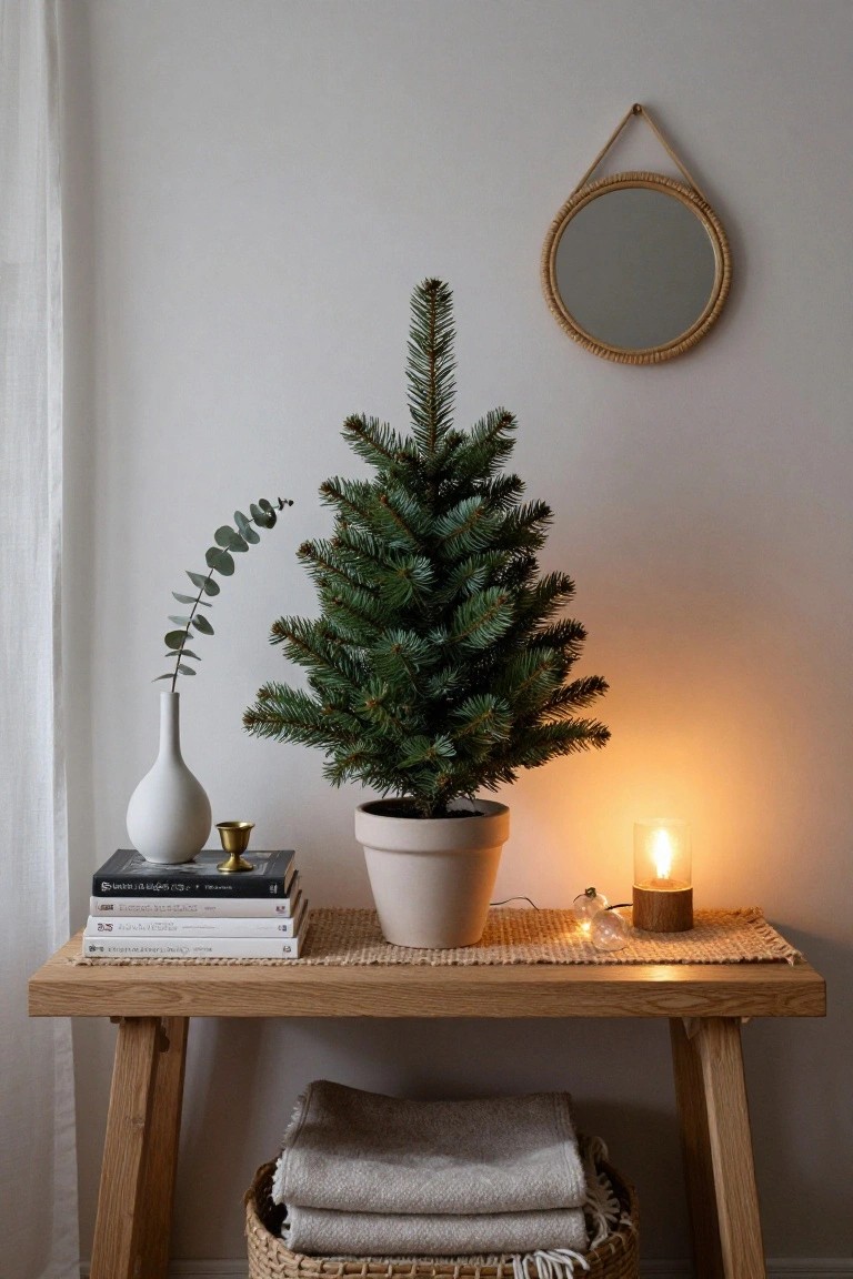 Small potted Christmas tree on a light wooden bench with stacked books, white vase of eucalyptus leaves, gold candle holder, glass candle, and woven placemat in a neutral room with a round rattan mirror on the wall.