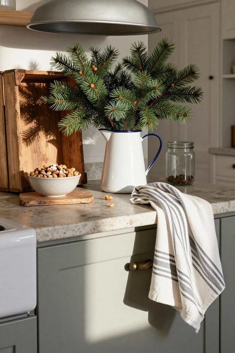 Kitchen countertop displaying fresh green fir branches with orange berries in a white jug with blue handle, a bowl of mixed nuts on a wooden board, scattered nuts, a striped tea towel draped over a green cabinet, wooden crate, and glass jar in the background.