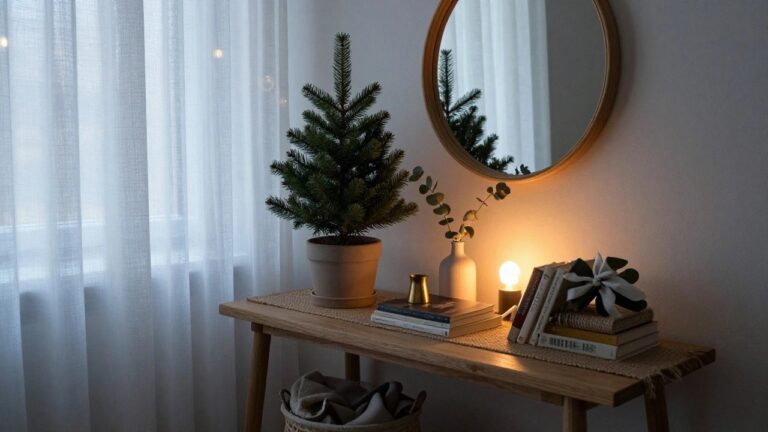 Small potted Christmas tree on a light wooden bench with stacked books, white vase of eucalyptus leaves, gold candle holder, glass candle, and woven placemat in a neutral room with a round rattan mirror on the wall.