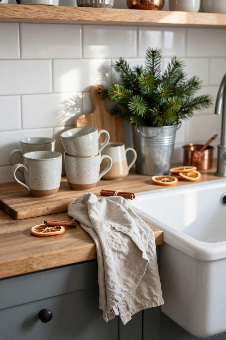 Rustic kitchen counter with ceramic mugs, wooden boards, dried oranges, and greenery.