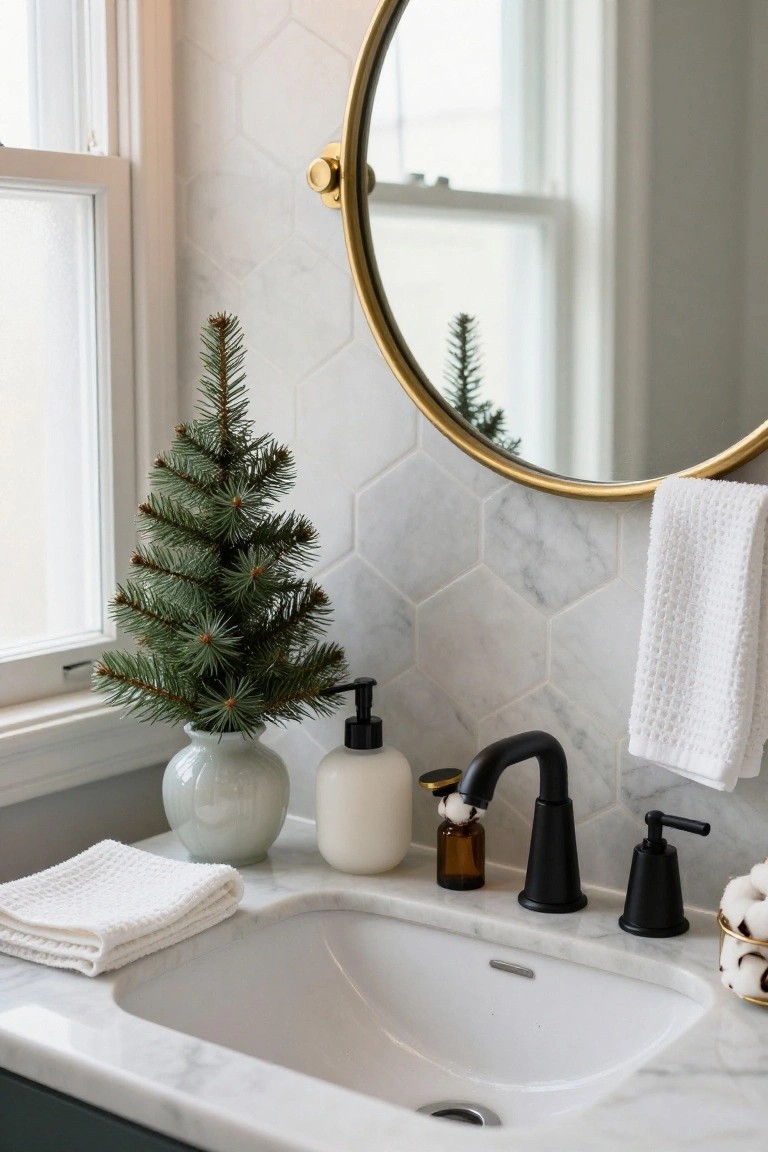 Small artificial Christmas tree in a white vase on a white marble bathroom countertop next to a sink with black faucet, soap dispensers, white towels, and gold round mirror on hexagonal white tile wall.