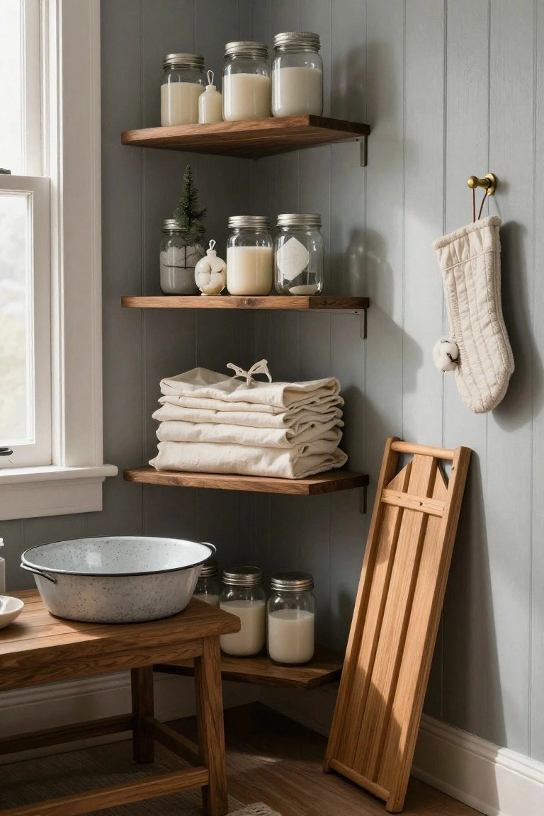 Corner interior with light gray shiplap walls, three floating wooden shelves holding mason jars of candles and milk, small potted Christmas tree, glass ornaments, stacked white linens, and hanging knit stocking; wooden bench below with white enamel basin and additional jars.