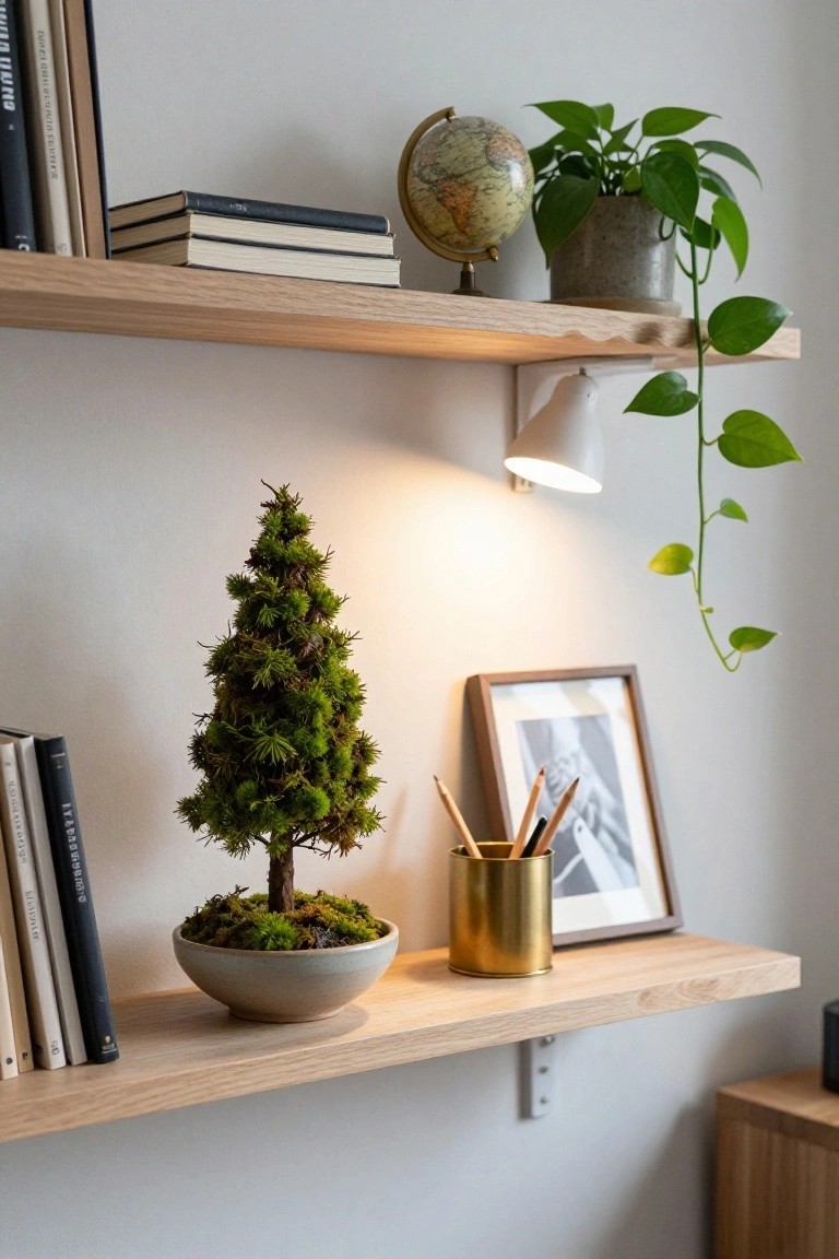 Oak floating shelves in a light room holding stacked books, a small moss-covered bonsai pine tree in a gray bowl, a brass globe, potted trailing plant, gold pencil cup with colored pencils, framed black-and-white photo, and wall-mounted light.