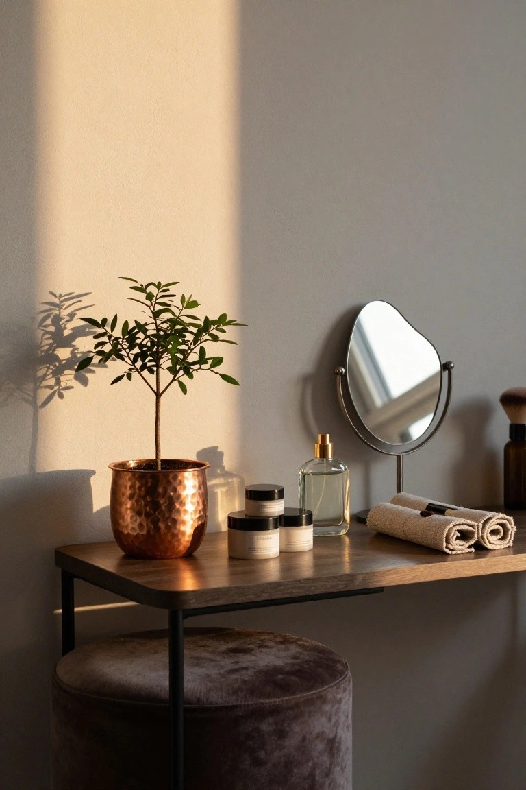 Close-up of a small potted green tree in a hammered copper pot on a wooden vanity table with perfume bottles, cream jars, a curved mirror on a stand, rolled towels, and a purple velvet stool, against a light gray wall with sunlight casting shadows.