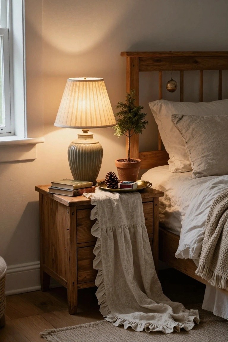 Wooden nightstand in a bedroom corner with a small potted fir tree, ceramic lamp, stacked books, pinecone, and matchbox on a tray, beside a bed with white linens and a hanging bell ornament.