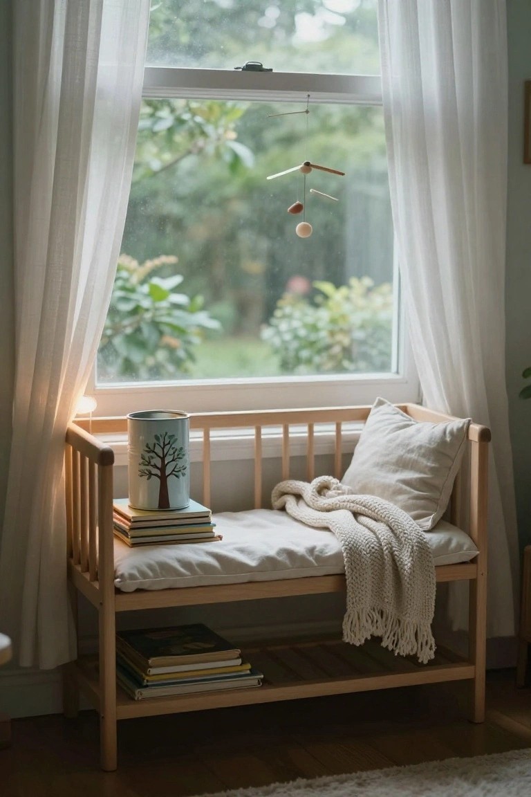 Wooden bench by a window with sheer curtains, featuring a tin can painted with a green tree, stacked colorful books, white pillow, knit blanket, and a small lamp, overlooking greenery.