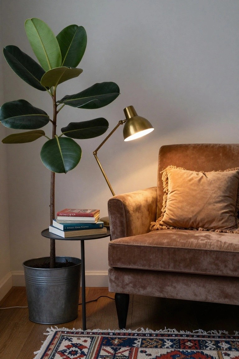 Indoor corner with a tall potted plant in a galvanized bucket next to a black metal side table holding stacked books, beside a brown velvet armchair with tasseled pillows, lit by a brass adjustable lamp, on wooden floor with patterned rug.