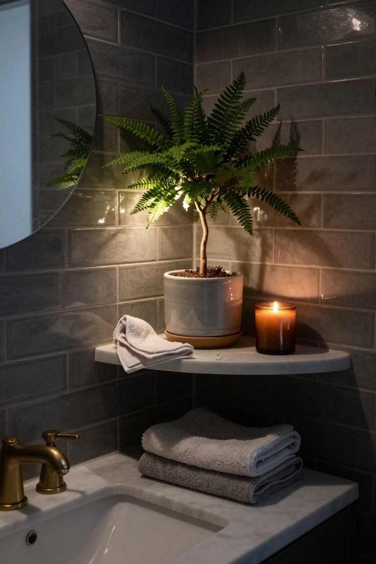 Small potted fern plant on a white shelf in a modern bathroom with gray subway tiles, a lit brown candle, folded towels, and a brass faucet on a white sink below.