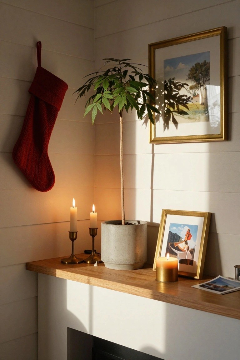 Indoor corner mantel with white shiplap walls displaying a potted green leafy plant, red knit Christmas stocking hung on wall, two brass candlesticks with lit white candles, gold candle holder, small framed photos, and a potted plant in gray ceramic pot.
