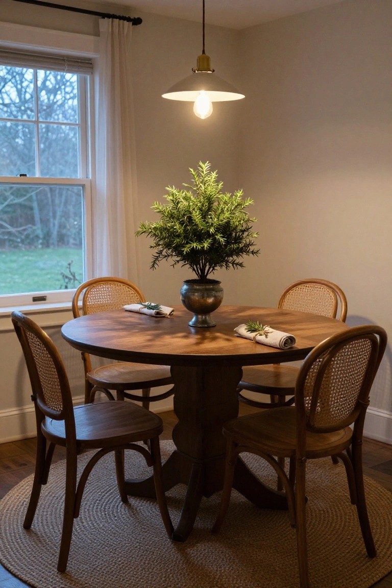 Round wooden dining table with four rattan chairs on a jute rug in a light beige room, centered with a potted green rosemary topiary in a silver vase, napkins rolled with rosemary sprigs at each place setting, brass pendant light overhead, and window with sheer curtains showing trees outside.