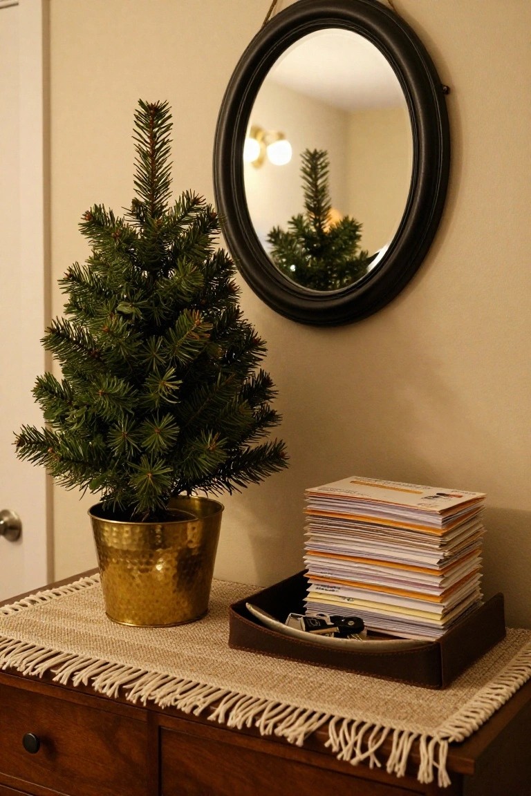 Small live Christmas tree in gold hammered metal pot on wooden dresser, next to stack of envelopes in leather tray with keys and camera, round black mirror on beige wall above woven mat.