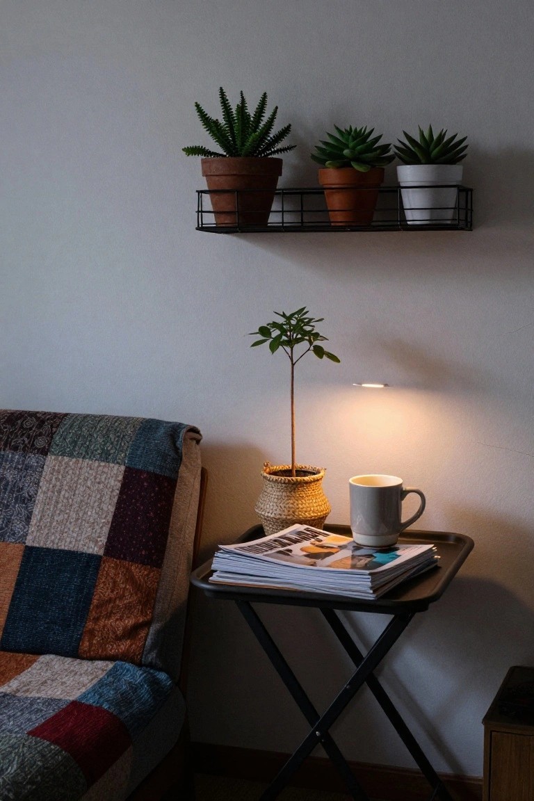 Cozy corner with plants on a wall shelf and a small side table.